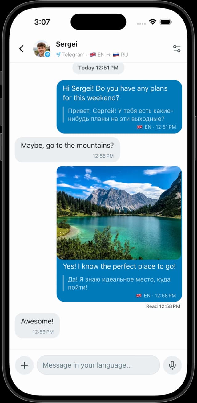 Phone showing a Telegram chat in English